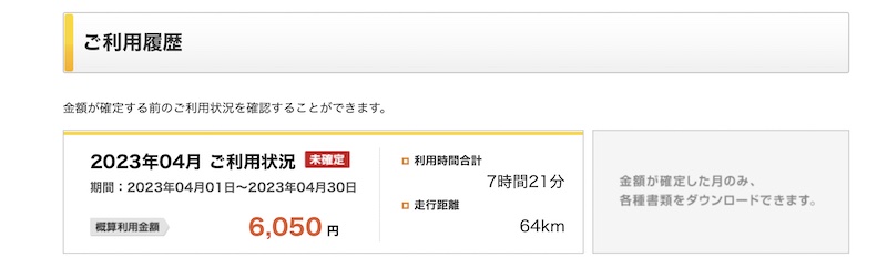 2023年のタイムズカー利用履歴のページ